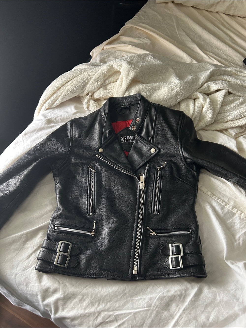 Straight to Hell Women's Black Leather Biker Jacket